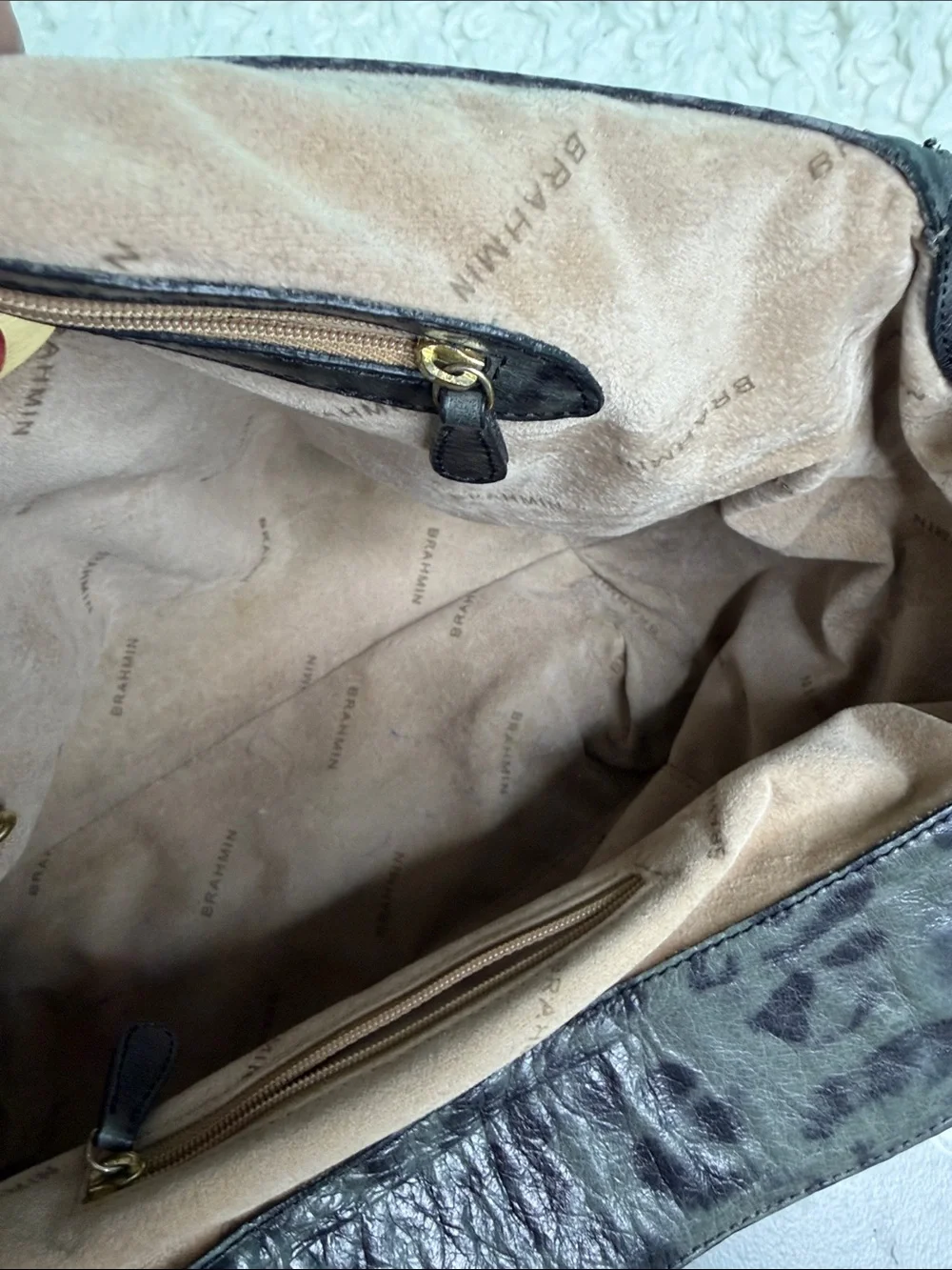 Brahmin Adore Charcoal Leopard-Print Leather Satchel with Gold Hardware